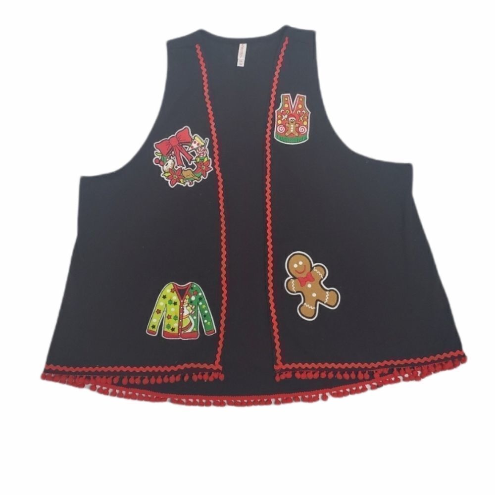 UGLY‎ Christmas sweater patch vest pom pom trim XXL